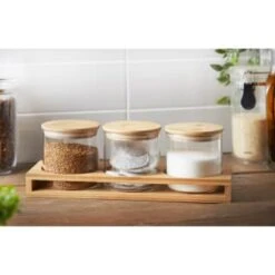 B&M Natural Home Glass Jars In Bamboo Stand 3pk -Kitchen Products Store 380530 3pk natural home glass jars in bamboo stand 2
